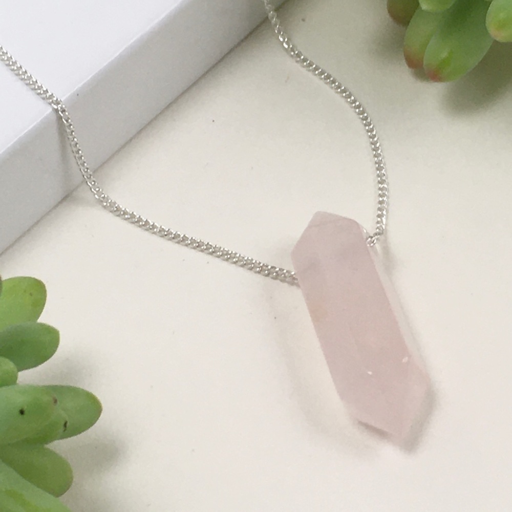 Rose Quartz Double Terminated Crystal Silver Chain - Picture 3 of 10